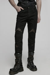 Black Pleated Stitching Mesh Men's Punk Pants